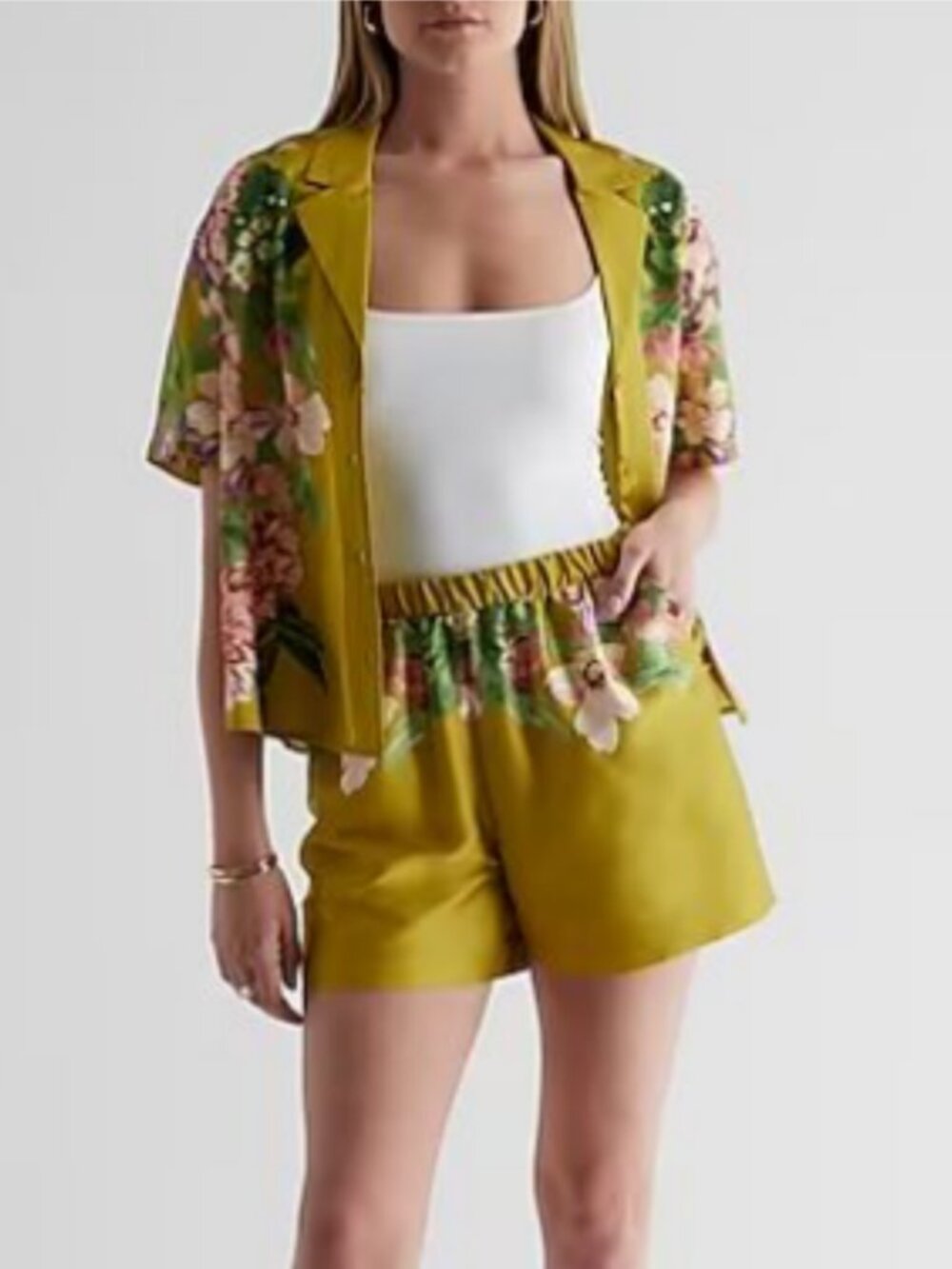 Express Floral Satin Shorts and Top Matching Set in Chartreuse XS / S